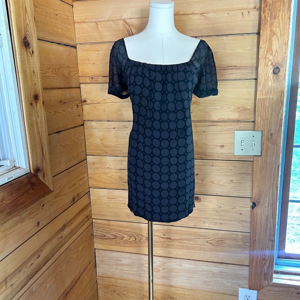 Silk Mini Dress Women Size 10 Black Grey Geometric Chiffon Sheer Puff Kensie